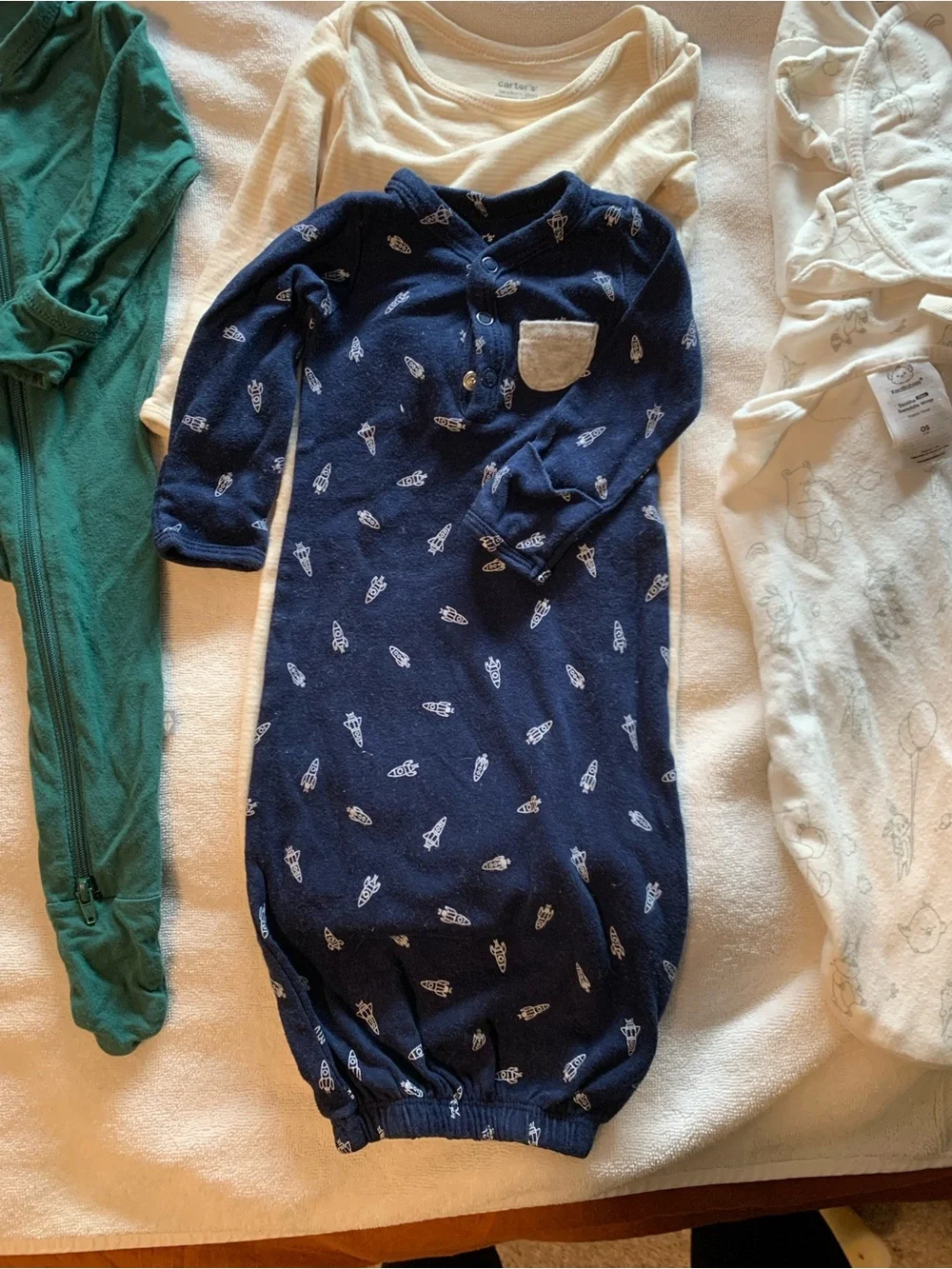Baby Sleep wear 5pk - Green Kytefootie, Navy/Yellow sleep sacks, Halo/OSB swaddl